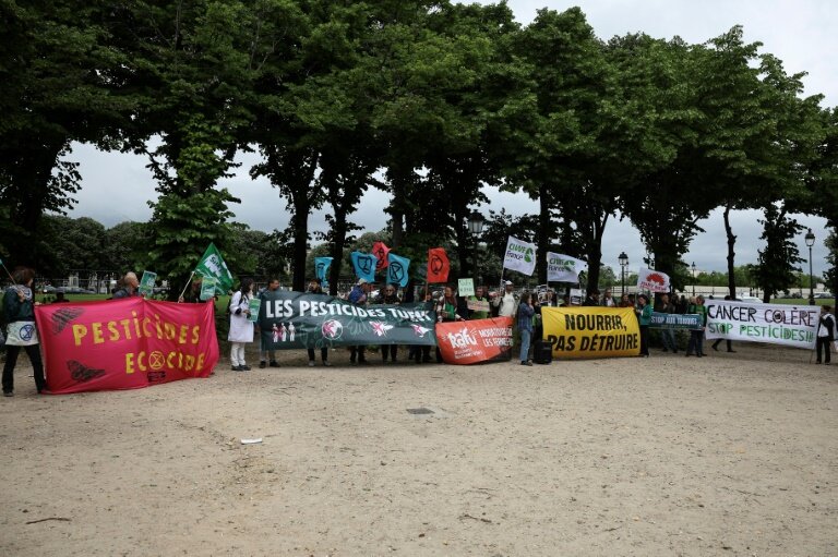 Des opposants à la proposition de loi dite "Duplomb", contraire selon eux aux attentes des agriculteurs et des citoyens, manifestent le 27 mai 2025 à Paris, près de l'Assemblée nationale © Leo VIGNAL