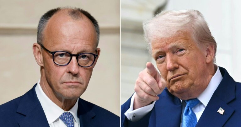 Montage photos du 3 juin 2025 du chancelier allemand Friedrich Merz (g) et du président américain Donald Trump © Ludovic MARIN