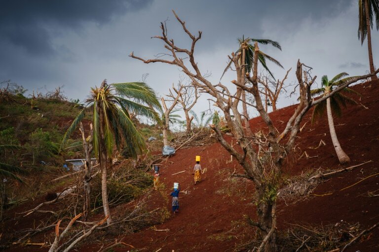 Des femmes passent dans une forêt dévastée par le cyclone Chido pour ramener de l'eau au village de Bouyouni, à Mayotte, le 19 décembre 2024 © DIMITAR DILKOFF