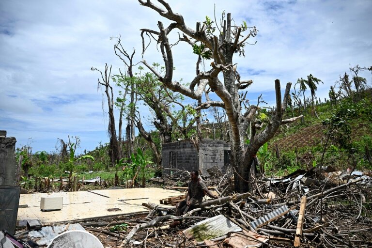 Un homme assis près d'un arbre, dans les décombres d'une maison détruite par le cyclone Chido, le 4 janvier 2025 à Bandraboua, à Mayotte © JULIEN DE ROSA