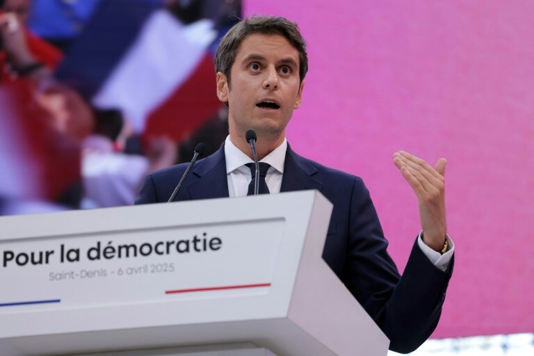 Le président du parti renaissance, Gabriel Attal, lors d'un meeting du parti à Saint-Denis (Seine-Saint-Denis), le 6 avril 2025 © Thomas SAMSON