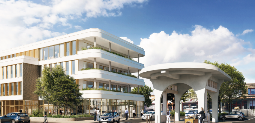 Les futurs locaux de Créanor. Au premier plan, la guérite des gardiens de l'ancienne coopérative sera conservée et rénovée. Photo : Cabinet d'architecture D'Houndt+Bajart: D'Houndt