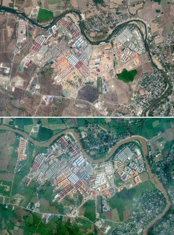 Montage d'images satellites de Planet Labs PBC, reçues le 30 septembre 2025, montrant le complexe KK Park à Myawaddy en Birmanie face au district de Mae Sot en Thaïlande, le 2 mars 2025 (en haut) et le 18 septembre 2025 (en bas) © Handout
