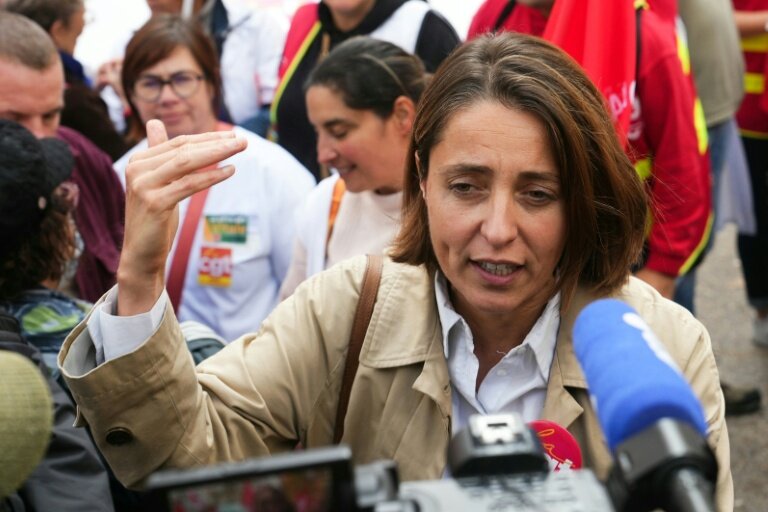 Sophie Binet, secrétaire générale de la CGT, ici lors d'une manifestation des travailleurs du secteur de la santé à Paris le 9 octobre 2025 © Dimitar DILKOFF