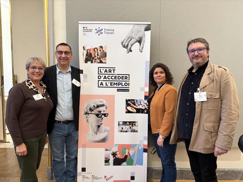 Annie Georgelin de la compagnie Acaly, Cyrille Lambert, directeur de l'agence France Travail de Soissons, Julie Kuntz du CMN et Fabrice Decarnelle de la compagnie Acaly.