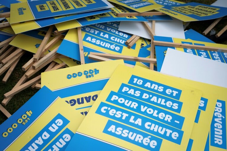 Des dépliants lors d'une manifestation à Paris en soutien aux enfants de l'aide sociale à l'enfance, le 15 mai 2025 © LEO VIGNAL