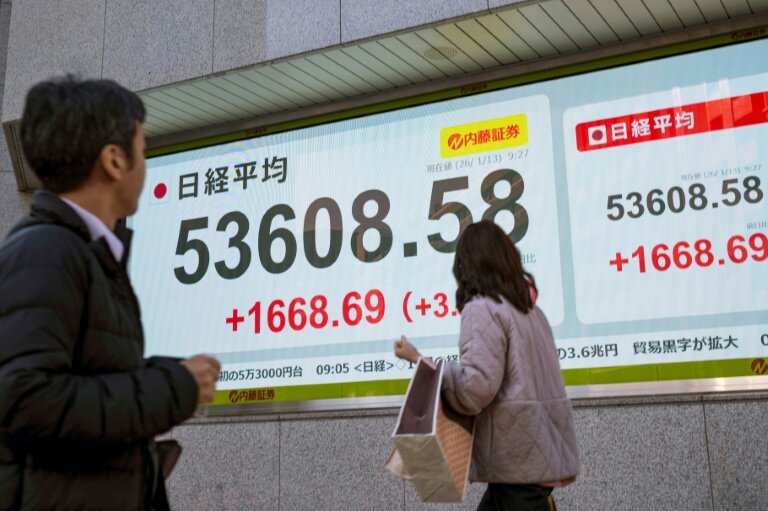 Des passants devant un panneau électronique affichant les cours du Nikkei 225 à la Bourse de Tokyo, le 13 janvier 2026. © Kazuhiro NOGI