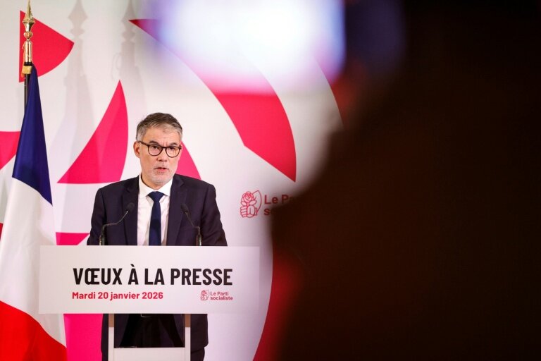 Olivier Faure, premier secrétaire du parti socialiste (PS),  présente ses vœux à la presse, à Paris, le 20 janvier 2026 © GEOFFROY VAN DER HASSELT