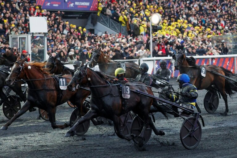 Le driver Franck Nivard, au centre, sur Hokkaido Jiel, à l'hippodrome de Vincennes à Paris lors du Prix d'Amérique le 25 janvier 2026 © GEOFFROY VAN DER HASSELT