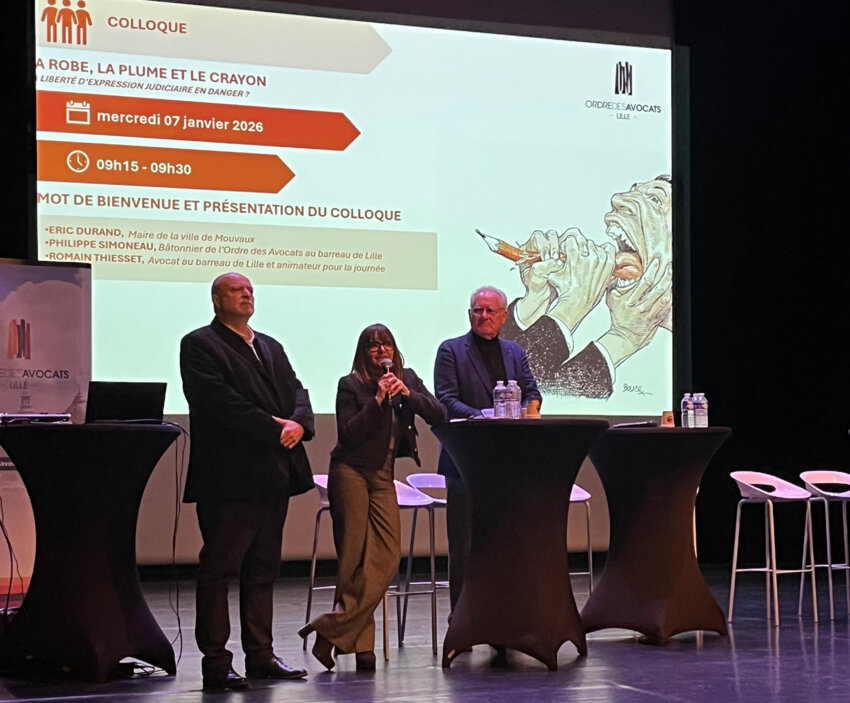 Philippe Simoneau, bâtonnier du barreau de Lille, Ramla Dahmani et Eric Durand, maire de Mouvaux, lors du premier colloque consacré à la liberté d’expression judiciaire.