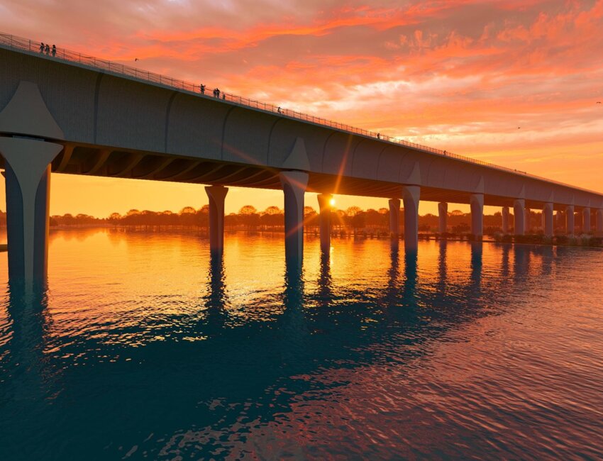 La projection d’un coucher de soleil sur futur pont-canal de la Somme. © Canalieau - Lavigne Chéron architectes