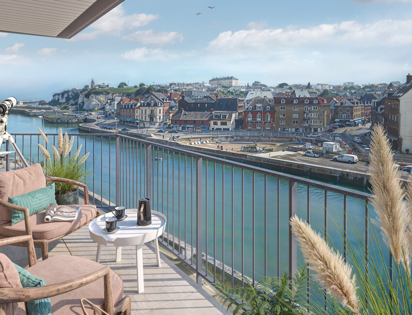 Les appartements disposent presque tous d'un accès extérieur avec une vue rare donnant sur le chenal et le pont Colbert. © Artefact