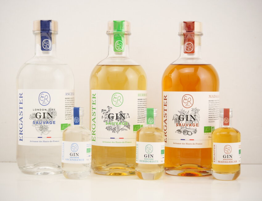 La gamme de gins biologiques de la distillerie Ergaster, produite à Passel et commercialisée auprès de cavistes, épiceries fines et professionnels de la restauration. © Distillerie Ergaster