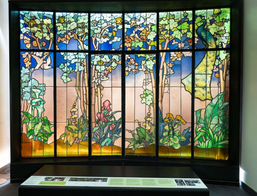 © Laurence Deleau. Le vitrail dit de la Salle par Jacques Gruber (1904) offre un décor naturaliste mêlant monde végétal et monde animal.