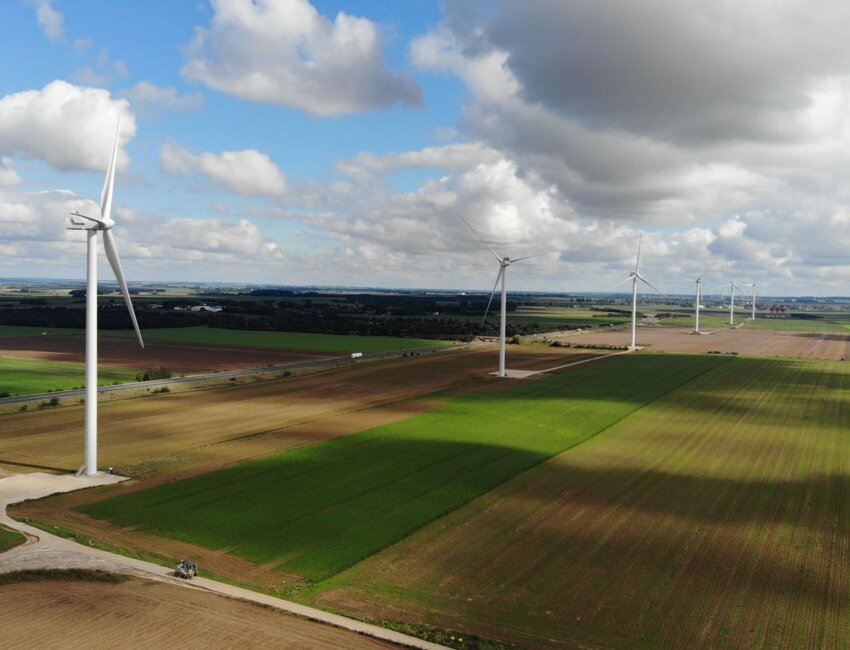 Le parc éolien de Moulin Blanc mis en service en 2025 sur les communes de Marcelcave, Bayonvillers, Lamotte-Warfusée et Wiencourt-l'Equipée dans la Somme. © Parc Moulin Blanc