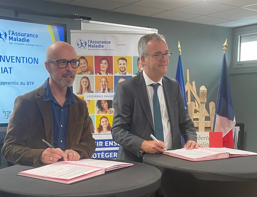 Thomas Fatôme, directeur général de la Caisse nationale de l'Assurance Maladie, et Ludovic Lefebvre, président du CCCA-BTP, venus à la rencontre des équipes et des jeunes accueillis au BTP CFA Picardie.
