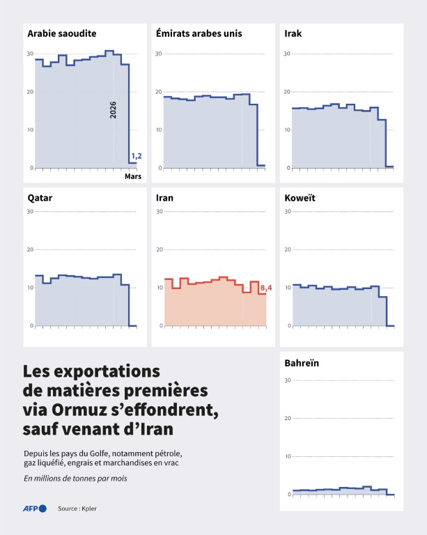 Effondrement des exportations de matières premières via Ormuz, sauf venant d'Iran