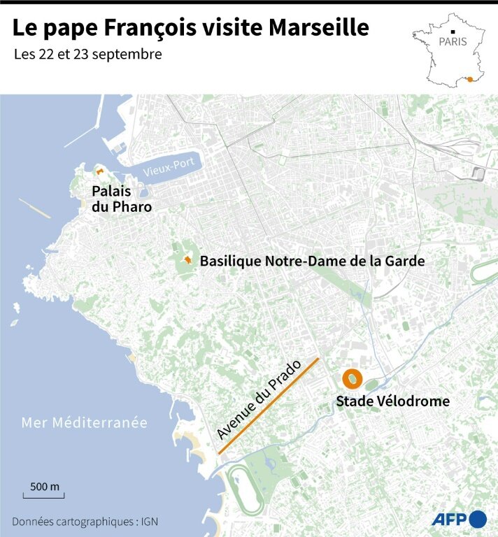 Carte de la ville de Marseille, montrant les principaux lieux où le pape François se rendra les 22 et 23 septembre © Paz PIZARRO