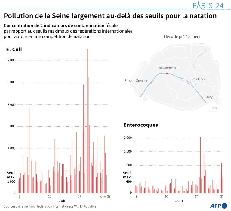 Concentration en E. coli et entérocoques, deux indicateur de contamination fécale, sur 4 points de surveillance de la Seine parisienne, en juin 2024, selon les données de la mairie de Paris © Sabrina BLANCHARD