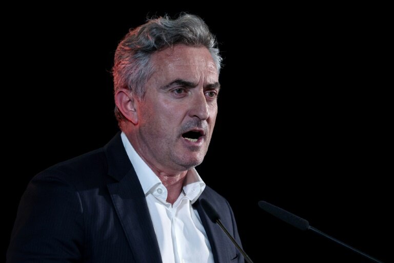 Le sénateur des Bouches-du-Rhône Stéphane Ravier lors d'un meeting de Reconquête!, le 6 avril 2024 à Palavas-les-Flots, dans l'Hérault © Pascal GUYOT