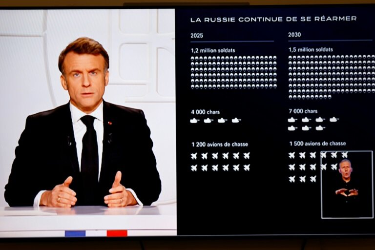 L'allocution du président français Emmanuel Macron retransmise sur un écran de télévision le 5 mars 2025 © Ludovic MARIN