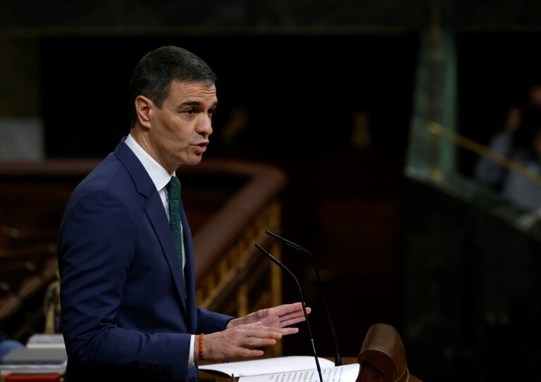 Le Premier ministre socialiste espagnol Pedro Sánchez, lors d'une allocution devant le Parlement à Madrid le 26 mars 2023 © Pierre-Philippe MARCOU