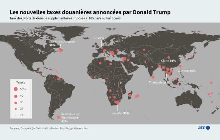 Carte montrant les nouvelles taxes douanières supplémentaires appliquées aux partenanires commerciaux des États-Unis, annoncé par la Maison Blanche le 2 avril © Nicholas SHEARMAN
