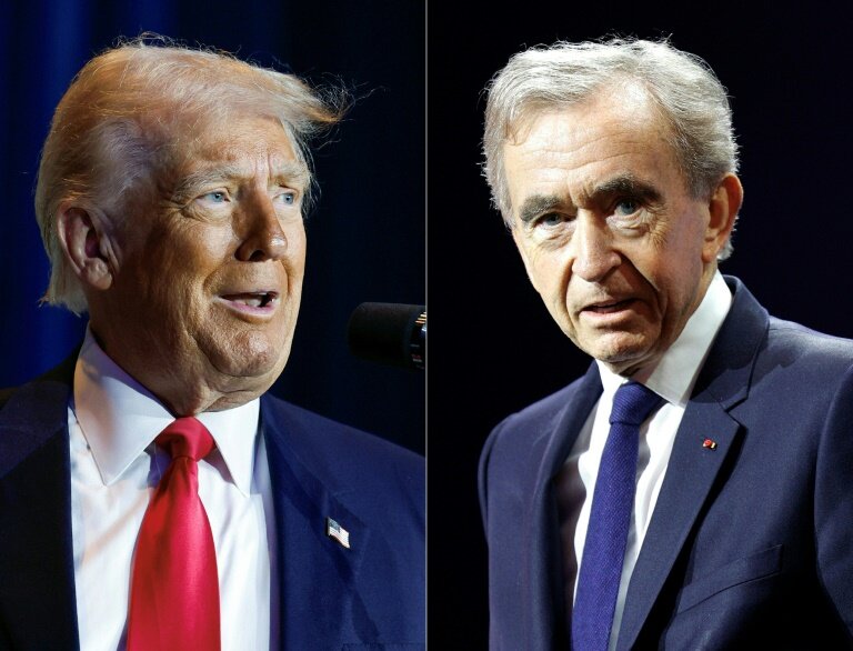 Montage photo du 17 avril 2025 du président américain Donald Trump et du PDG de LVMH Bernard Arnault © Ting Shen