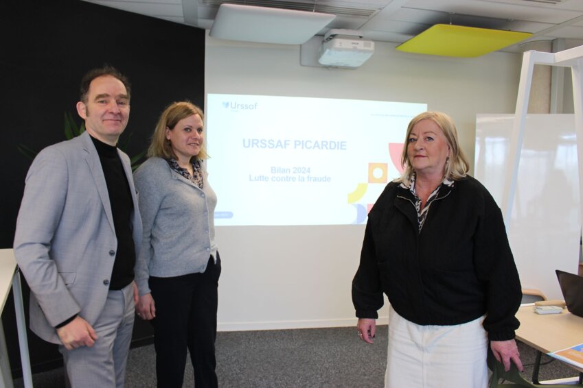 À l'Urssaf Picardie - Amiens : Christophe Finsterlé (directeur départemental en charge du contrôle et de la sécurisation juridique), Claire Lescellierre (en charge des données statistiques) et Valérie Hadet (directrice de l'Urssaf Picardie).