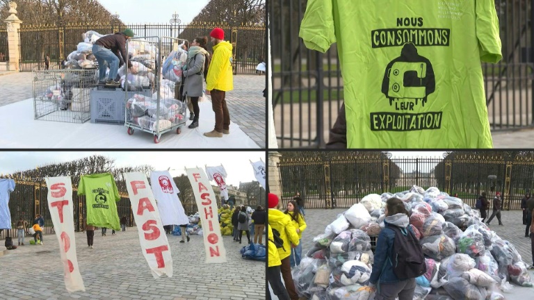 Des déchets textiles amassés près du Sénat pour relancer le débat sur la 