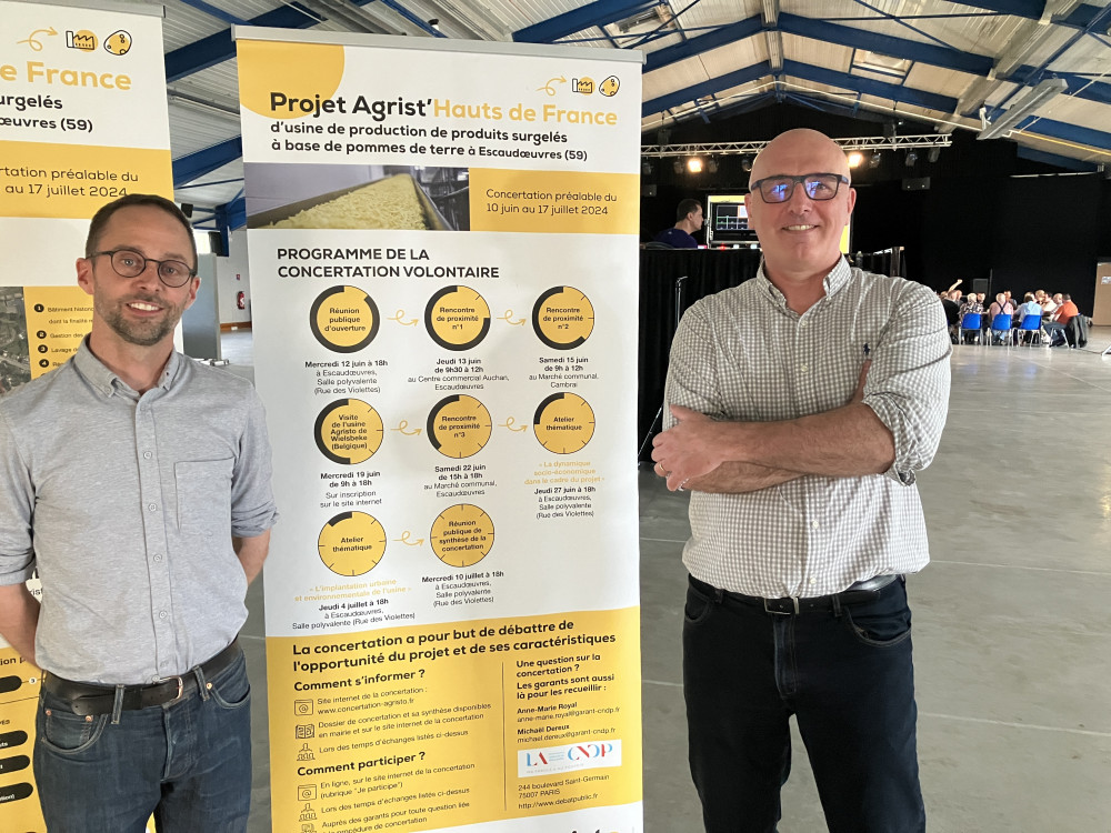 Ward Claerbout responsable des affaires publiques et Sylvain Bourdon, directeur du projet chez Agristo, lors du débat public du 27 juin Crédit Anne Henry
