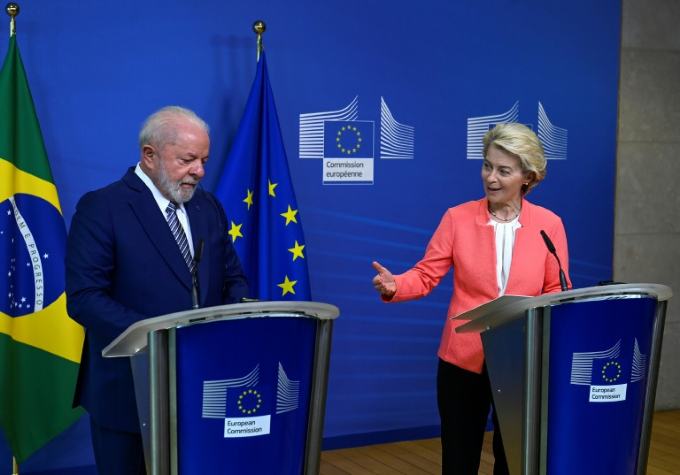 Le présidente de la Commision européenne Ursula von der Leyen reçoit le président brésilien Luiz Inacio Lula da Silva à Bruxelles le 17 juillet 2023 © Jean-Christophe VERHAEGEN