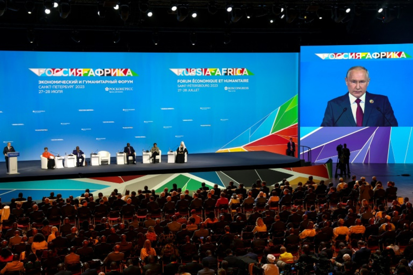 Le président russe Vladimir Poutine lors du deuxième sommet Russie-Afrique, le 27 juillet 2023 à Saint-Pétersbourg © yegor aleyev