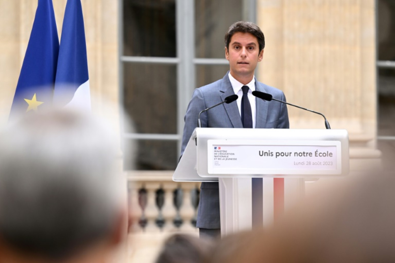 Le ministre de l'Education nationale Gabriel Attal lors d'une conférence de presse, le 28 août 2023 à Paris © Bertrand GUAY