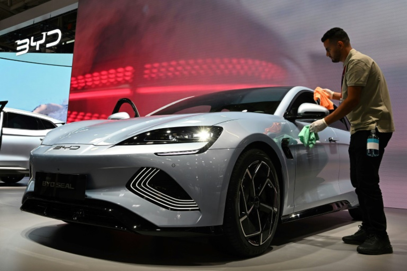 Le modèle Seal du constructeur chinois BYD exposé au salon de l'automobile de Munich, le 4 septembre 2023 © CHRISTOF STACHE