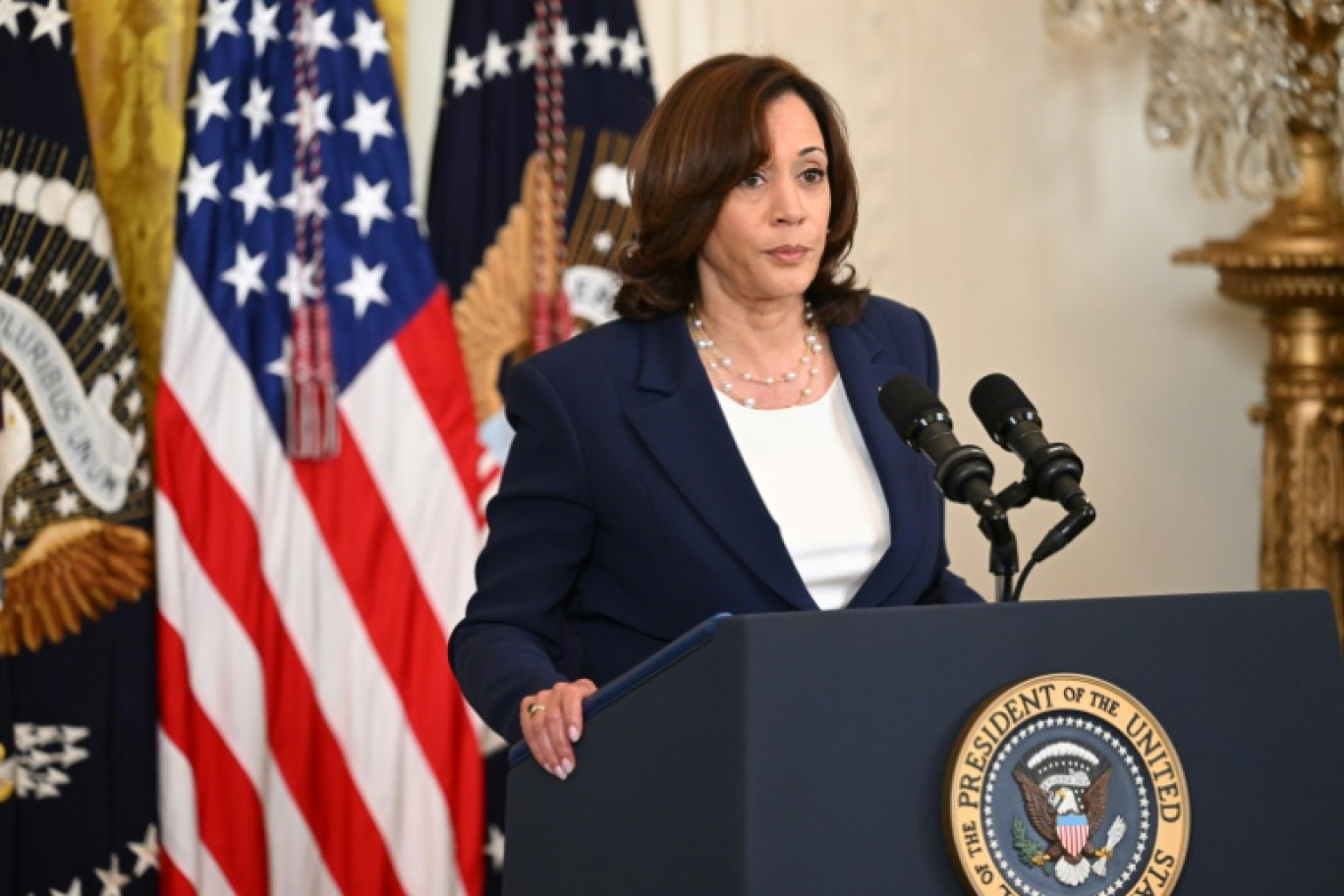 La vice-présidente des Etats-Unis, Kamala Harris, lors d'une allocution à la Maison Blanche à Washington, le 29 août 2023 © SAUL LOEB