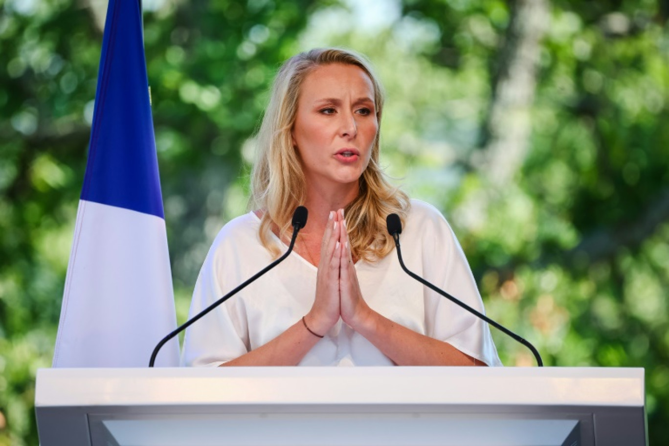 Marion Maréchal, vice-présidente de Reconquête!, lors de l'université d'été du parti, le 10 septembre 2023 à Gréoux-les-Bains, dans les Alpes-de-Haute-Provence © CLEMENT MAHOUDEAU