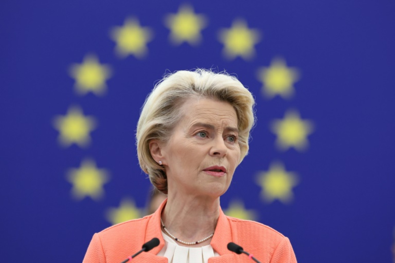 La présidente de la Commission européenne Ursula von der Leyen prononce son discours sur l'état de l'Union devant le Parlement européen à Strasbourg le 13 septembre 2023 © FREDERICK FLORIN