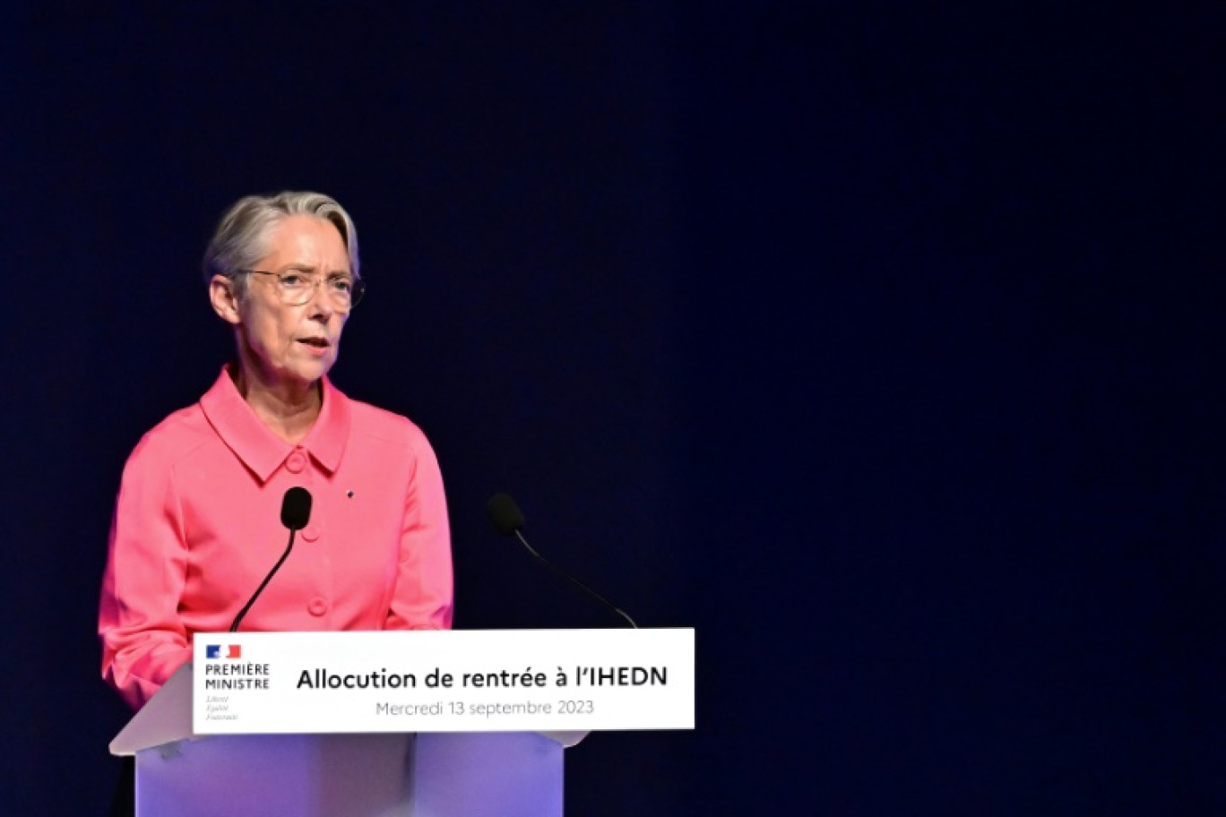 La Première ministre Elisabeth Borne lors d'une intervention à l'Institut des hautes études de défense nationale (IHEDN), le 13 septembre 2023 à Paris © Miguel MEDINA