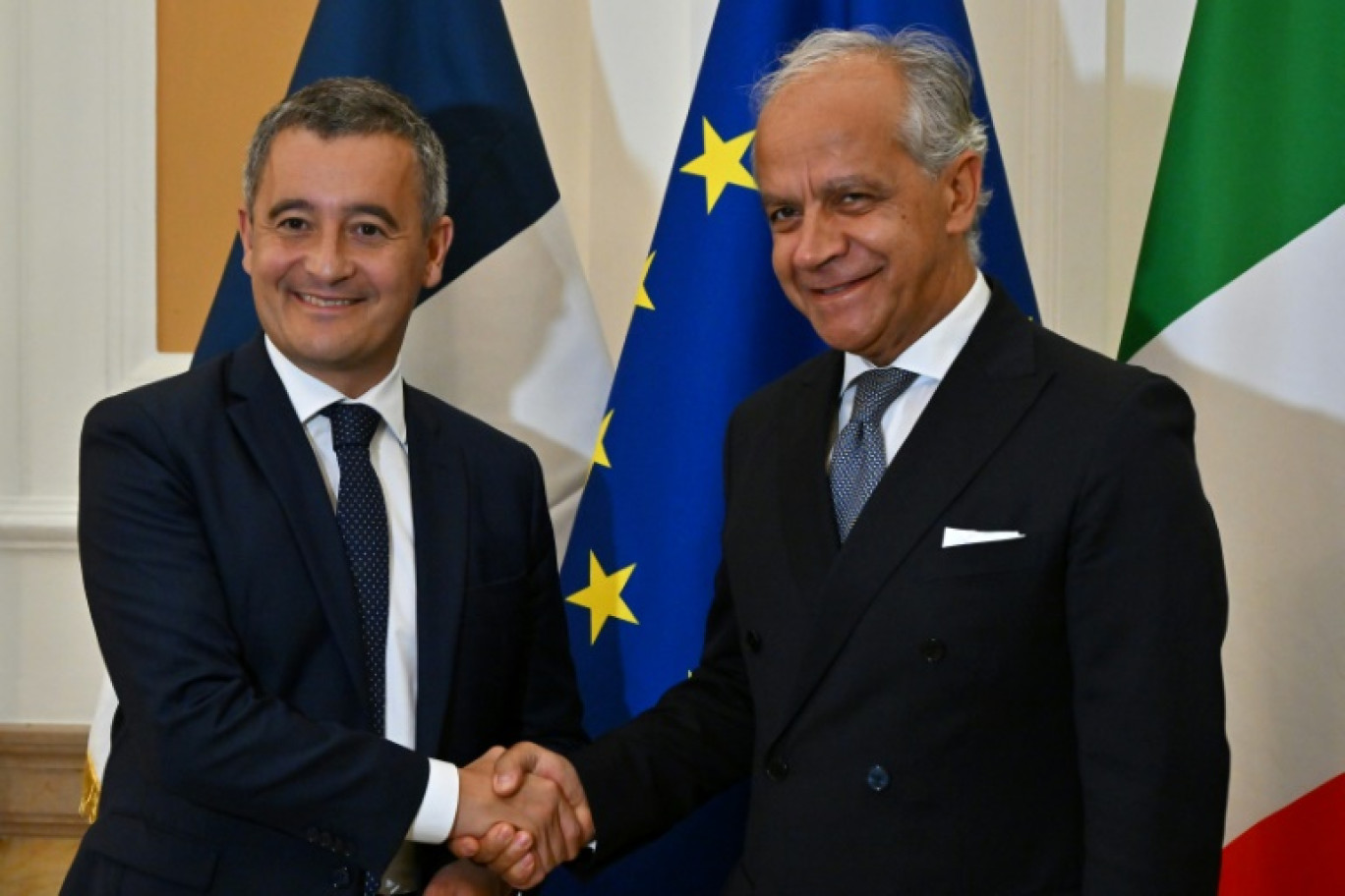 Le ministre de l'Intérieur Gérard Darmanin avec son homologue italien Matteo Piantedosi, le 18 septembre 2023 à Rome © Filippo MONTEFORTE