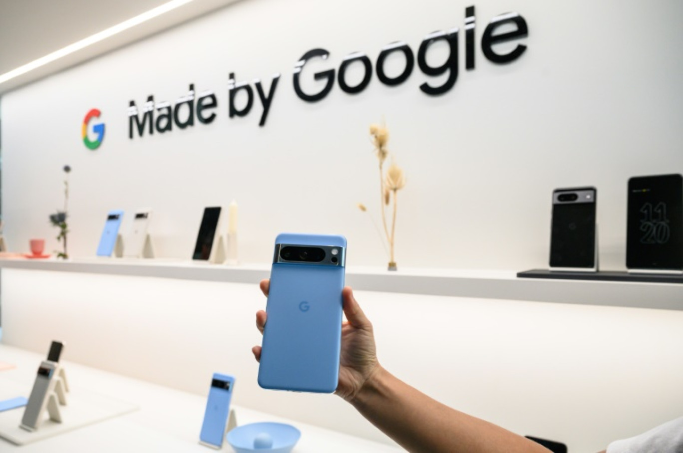 A Google Pixel 8 pro phone is displayed during a product launch event in New York © Ed JONES