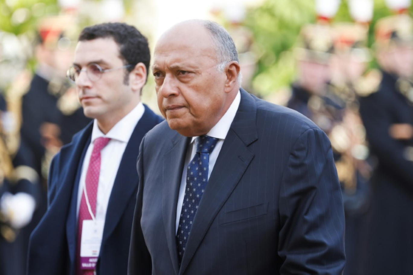 Le ministre égyptien des Affaires étrangères Sameh Shoudry arrive à l'Elysée pour participer à la "conférence humanitaire" sur Gaza, le 9 novembre 2023 à Paris © Ludovic MARIN