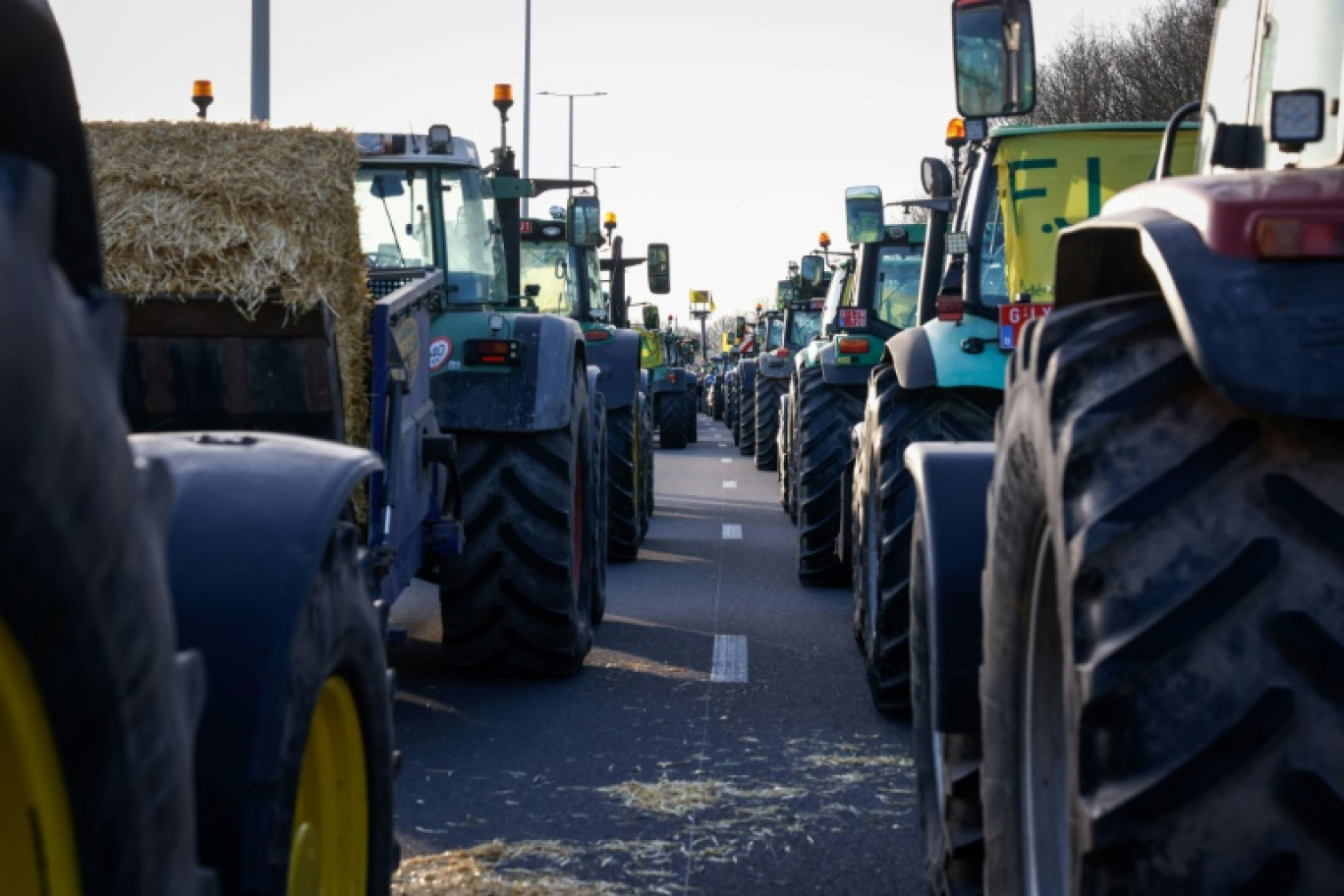 Des agriculteurs belges bloquent la circulation sur un échangeur près de Namur dans le sud du pays, le 28 janvier 2024 © Simon Wohlfahrt