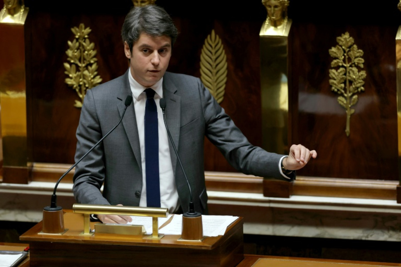Le Premier ministre Gabriel Attal à l'Assemblée nationale, alors qu'il fait face à une motion de censure, le 5 février 2024 à Paris © Thomas SAMSON