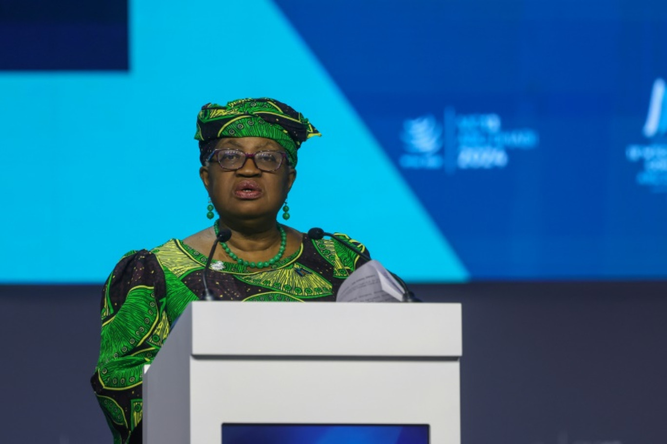 La directrice générale de l'Organisation mondiale du commerce (OMC), la Nigériane Ngozi Okonjo-Iweala, à l'ouverture de la conférence, le 26 février 2024 à Abou Dhabi © Giuseppe CACACE