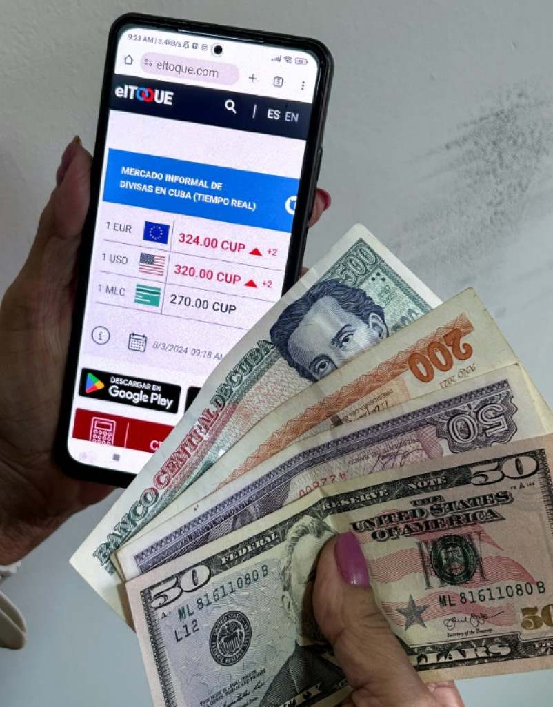 Une femme montre des pesos cubains et des dollars, ainsi que le taux de change informel des devises publié par un site indépendant, le 8 mars 2024 à La Havane, à Cuba © YAMIL LAGE