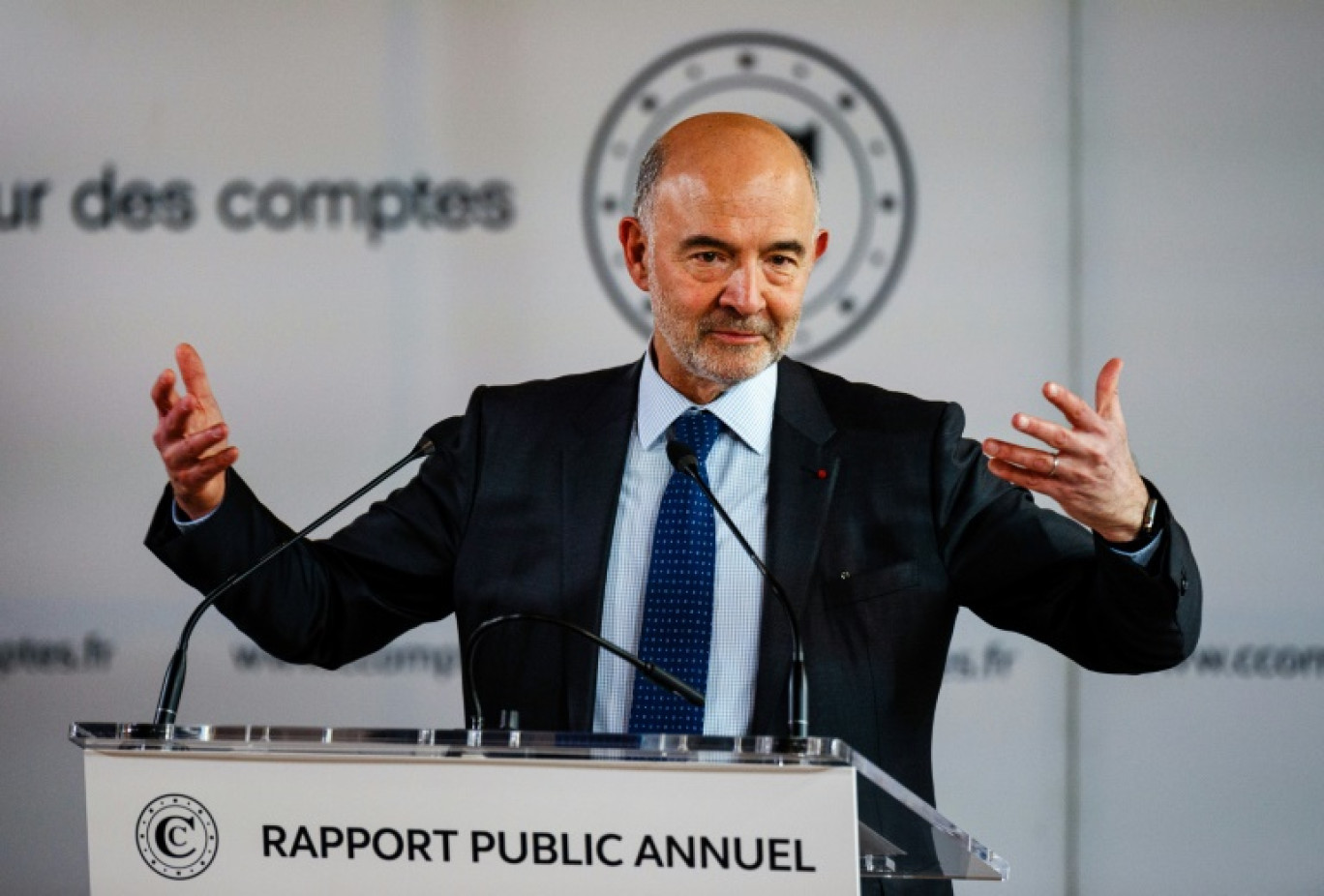 Pierre Moscovici, premier président de la Cour des comptes, lors de la présentation du rapport financier annuel de l'institution, le 12 mars 2024 à Paris © Dimitar DILKOFF