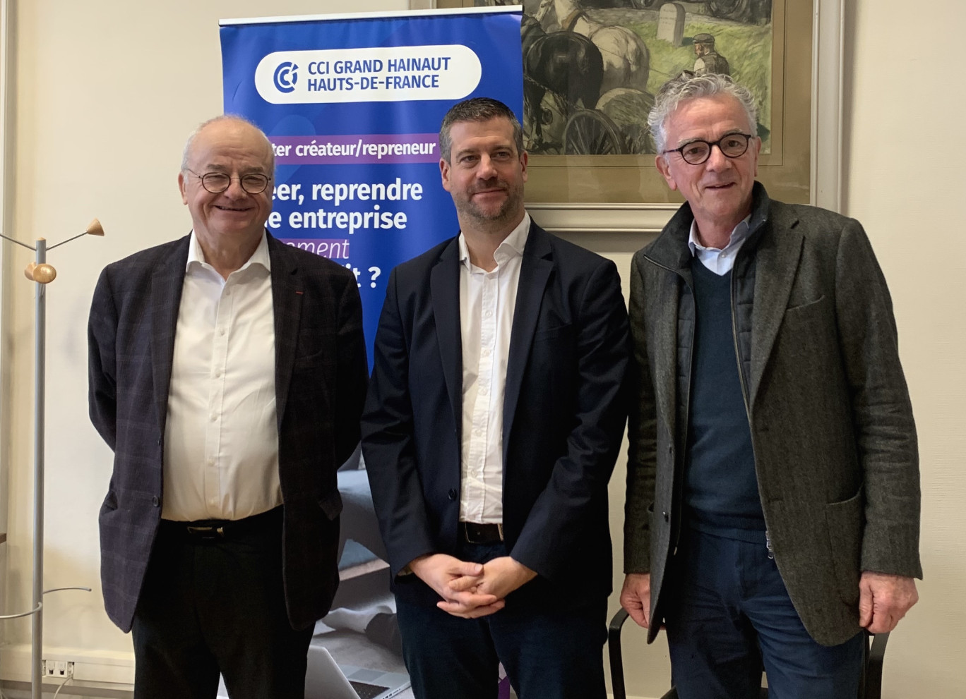 Bruno Fontaine, président de la CCI Grand Hainaut, Julien Lagache, président d’Apesa Grand Hainaut et Raymond Duyck, président du Tribunal de Commerce de Valenciennes.
