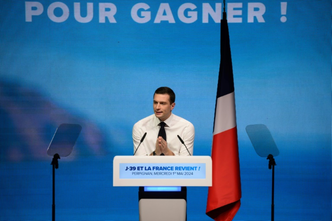 Le président du RN et tête de liste aux européennes Jordan Bardella lors d'un meeting de campagne à Perpignan, le 1er mai 2024 dans les Pyrénées-Orientales © Ed JONES