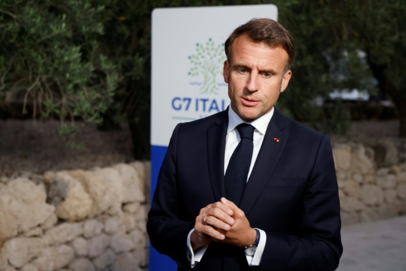 Le président Emmanuel Macron s'exprime le 14 juin 2024 à l'occasion du G7 à Bari, en Italie © Ludovic MARIN